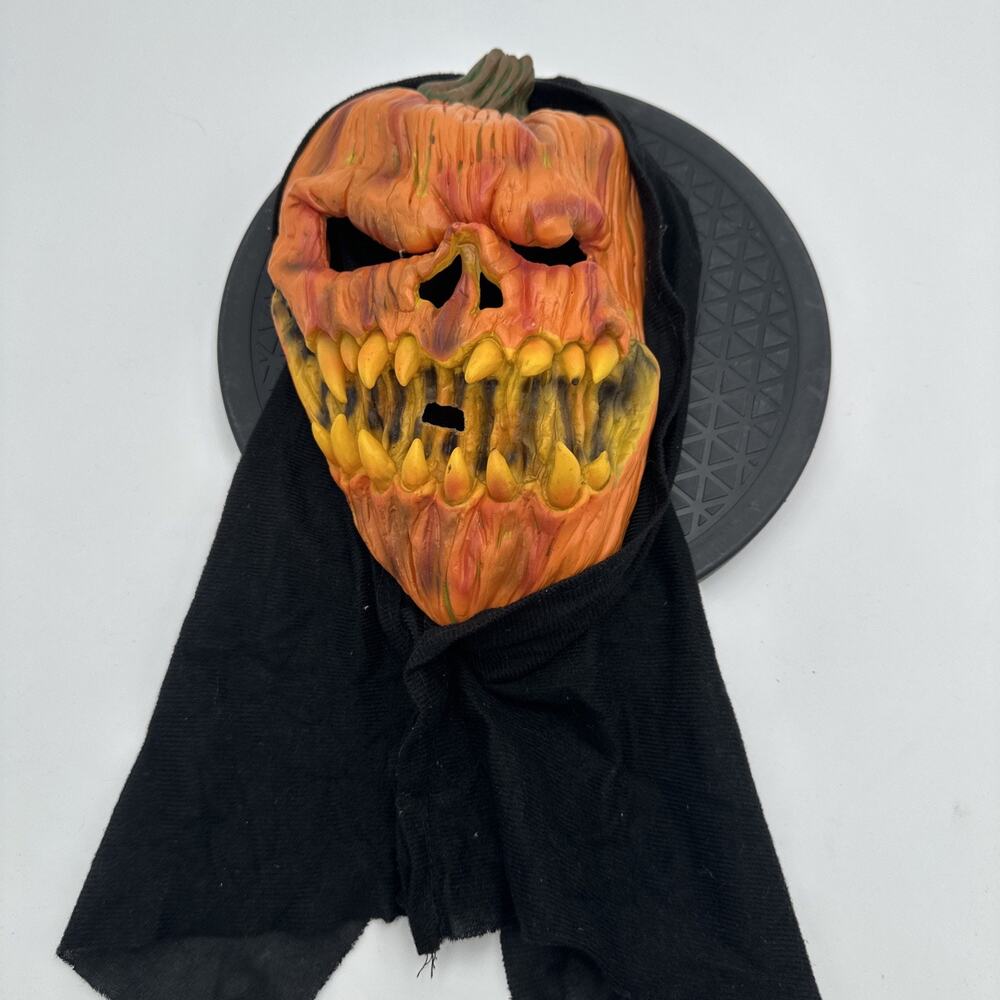 Halloween Evil Pumpkin Head Mask Jack O Lantern With Black Hood